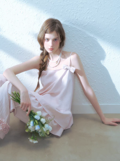 Narrator. Original Design Cotton Linen Bow Tie Cami Top & Lace Trim Pants Set