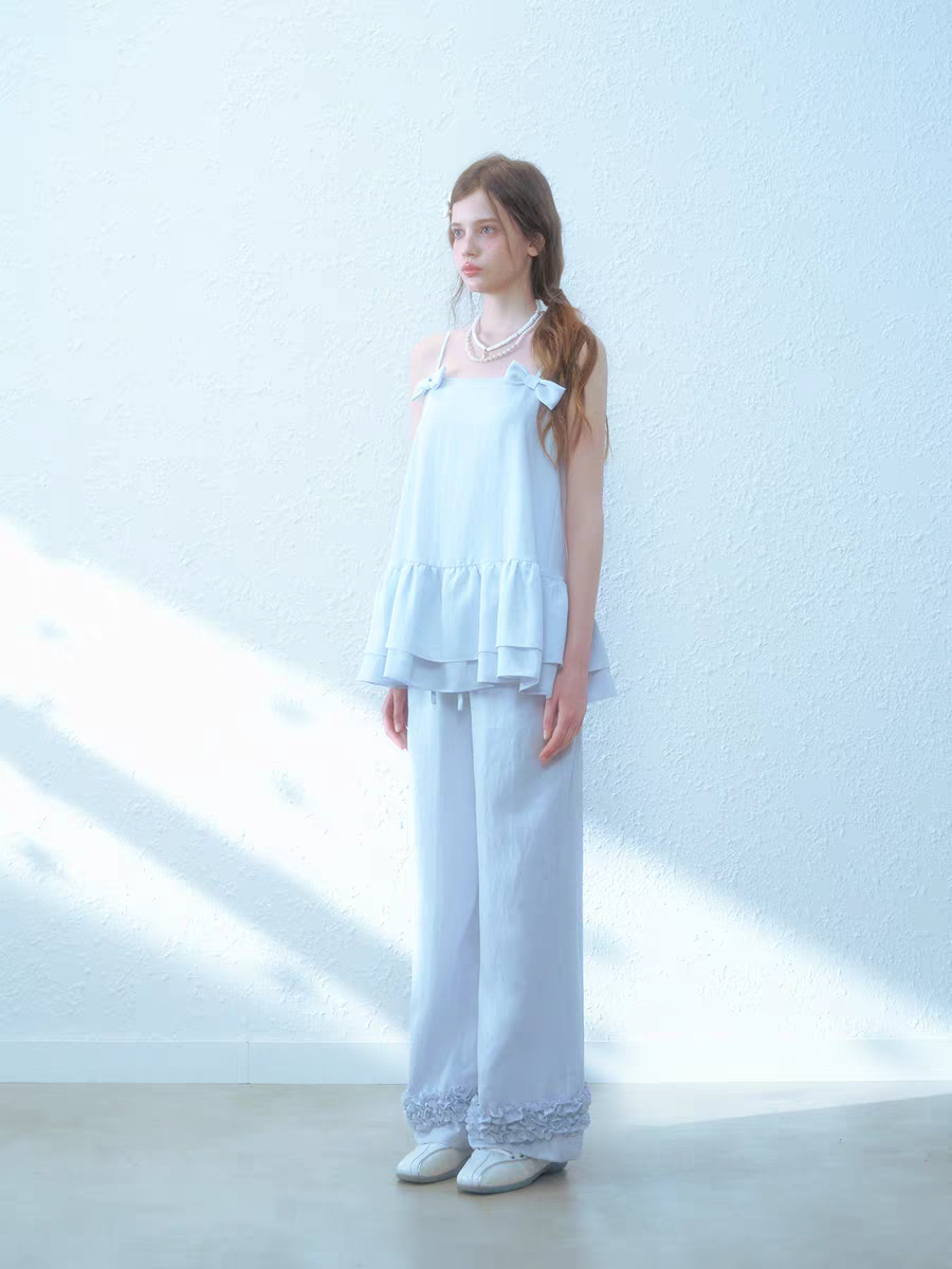 Narrator. Original Design Cotton Linen Bow Tie Cami Top & Lace Trim Pants Set