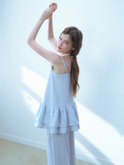 Narrator. Original Design Cotton Linen Bow Tie Cami Top & Lace Trim Pants Set