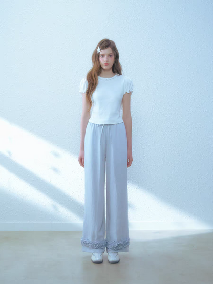 Narrator. Original Design Cotton Linen Bow Tie Cami Top & Lace Trim Pants Set