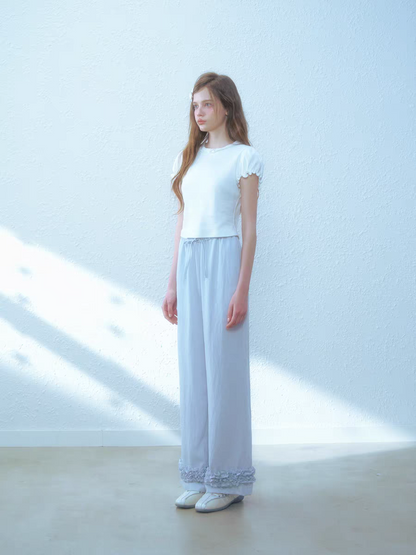 Narrator. Original Design Cotton Linen Bow Tie Cami Top & Lace Trim Pants Set
