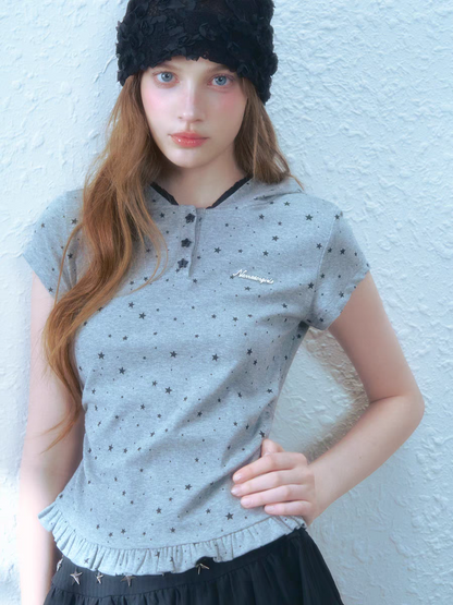 Narrator. Original Design Star Lace Trim Hooded T-Shirt