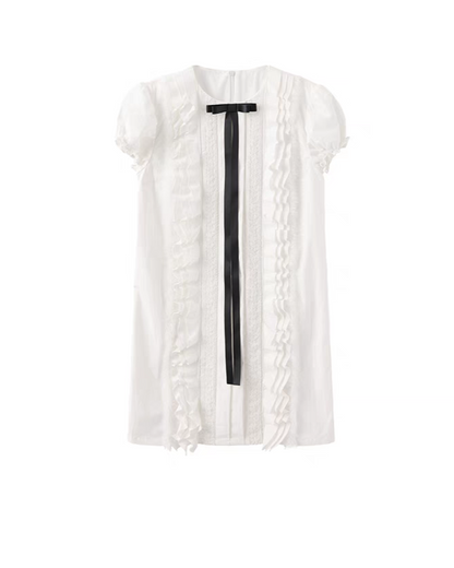 PER PEARL. Original Design White Lace Trim Bow Short Sleeve Dress
