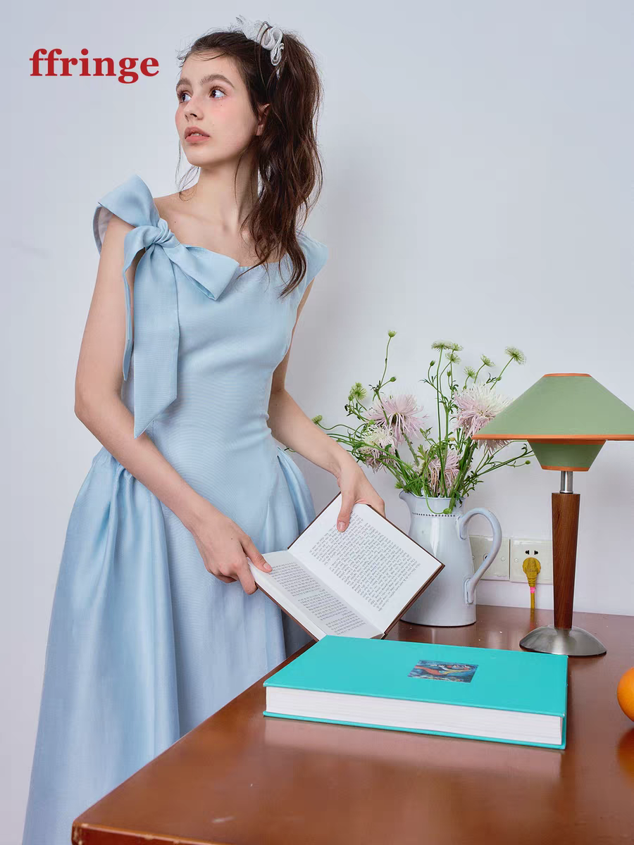 Ffringe. Original Design Asymmetrical Shoulder Detachable Bow Tie Maxi Dress