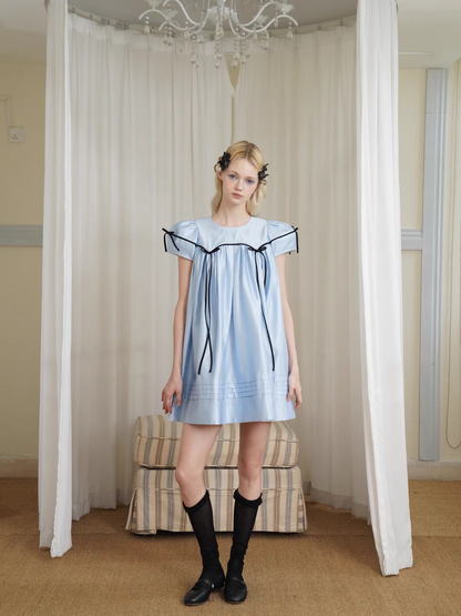 HSIYOUNWOO. Original Design Silk Bow Puff Sleeve Babydoll Dress