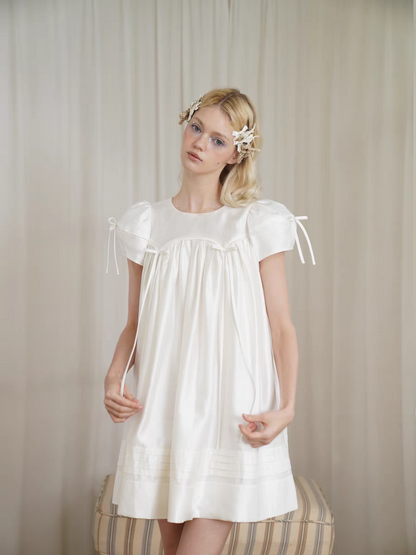 HSIYOUNWOO. Original Design Silk Bow Puff Sleeve Babydoll Dress