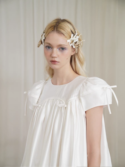 HSIYOUNWOO. Original Design Silk Bow Puff Sleeve Babydoll Dress