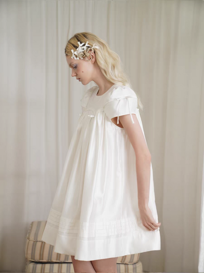 HSIYOUNWOO. Original Design Silk Bow Puff Sleeve Babydoll Dress