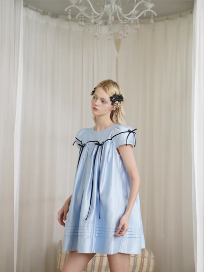 HSIYOUNWOO. Original Design Silk Bow Puff Sleeve Babydoll Dress