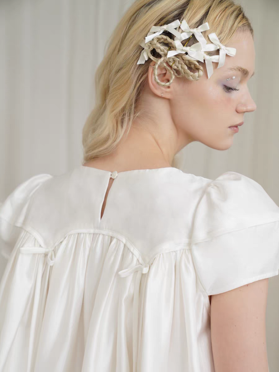 HSIYOUNWOO. Original Design Silk Bow Puff Sleeve Babydoll Dress