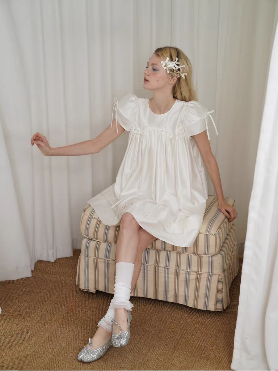 HSIYOUNWOO. Original Design Silk Bow Puff Sleeve Babydoll Dress