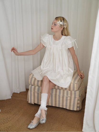 HSIYOUNWOO. Original Design Silk Bow Puff Sleeve Babydoll Dress