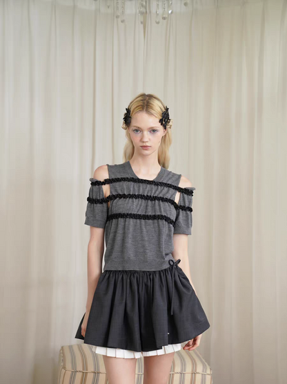 HSIYOUNWOO. Original Design Lace Trim Off-Shoulder Short Sleeve Wool Knit Sweater