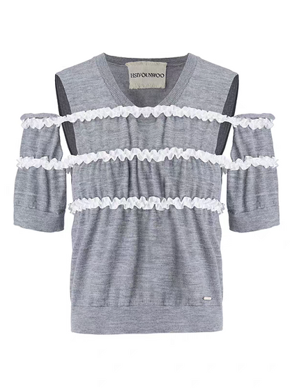 HSIYOUNWOO. Original Design Lace Trim Off-Shoulder Short Sleeve Wool Knit Sweater