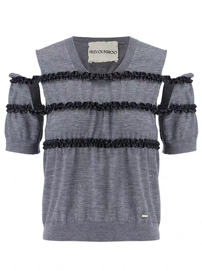 HSIYOUNWOO. Original Design Lace Trim Off-Shoulder Short Sleeve Wool Knit Sweater