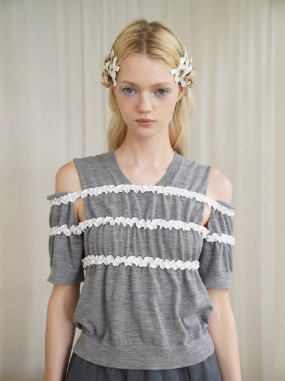 HSIYOUNWOO. Original Design Lace Trim Off-Shoulder Short Sleeve Wool Knit Sweater