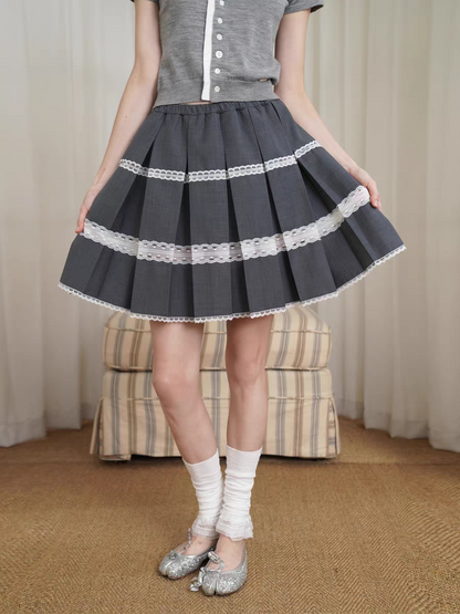 HSIYOUNWOO. Original Design Wool Lace Trim Pleated Skirt