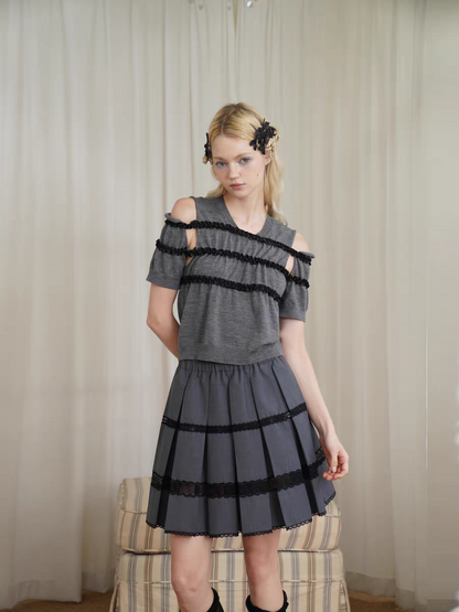 HSIYOUNWOO. Original Design Wool Lace Trim Pleated Skirt