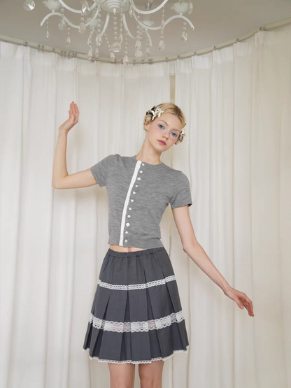 HSIYOUNWOO. Original Design Wool Lace Trim Pleated Skirt