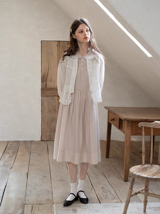 Kissgarnet. Original Design Embroidered Vintage Zip Cardigan & Bow Short Sleeve Dress Set