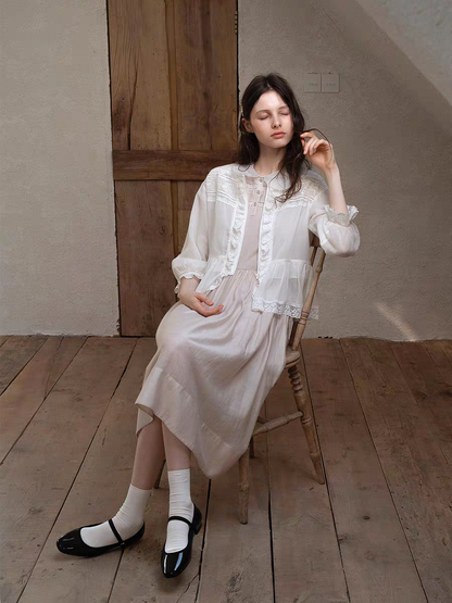 Kissgarnet. Original Design Embroidered Vintage Zip Cardigan & Bow Short Sleeve Dress Set