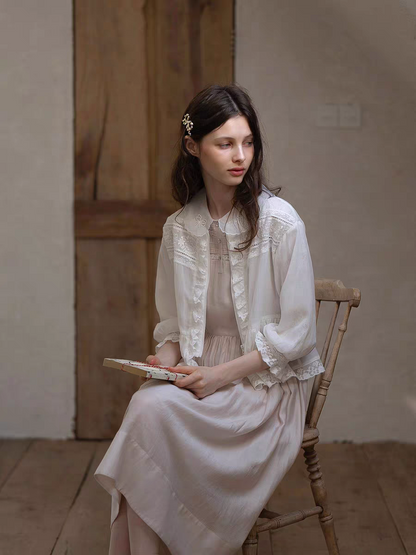 Kissgarnet. Original Design Embroidered Vintage Zip Cardigan & Bow Short Sleeve Dress Set