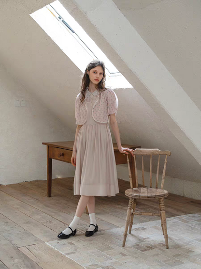 Kissgarnet. Original Design Embroidered Vintage Zip Cardigan & Bow Short Sleeve Dress Set