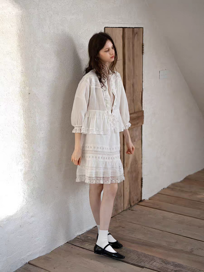 Kissgarnet. Original Design Embroidered Vintage Zip Cardigan & Bow Short Sleeve Dress Set
