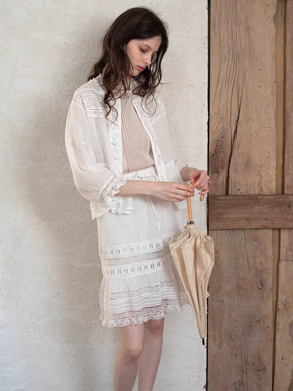 Kissgarnet. Original Design Embroidered Vintage Zip Cardigan & Bow Short Sleeve Dress Set