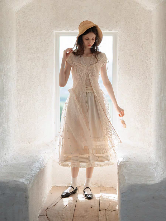 Kissgarnet. Original Design Knit Top & Lace Cardigan Dress Set