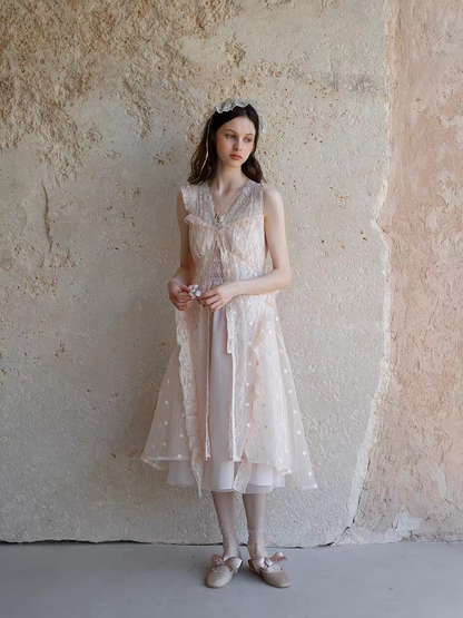 Kissgarnet. Original Design Knit Top & Lace Cardigan Dress Set