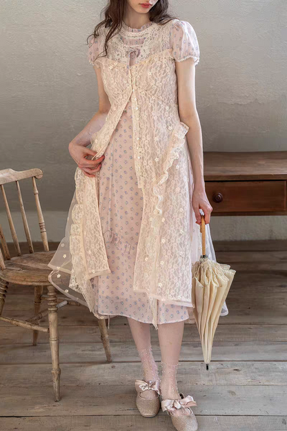 Kissgarnet. Original Design Knit Top & Lace Cardigan Dress Set