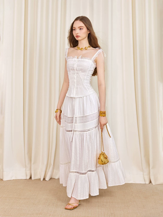 ilessisWANG. Original Design Boho Lace Linen Cami Top & Hollow-Out Skirt Set