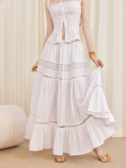 ilessisWANG. Original Design Boho Lace Linen Cami Top & Hollow-Out Skirt Set