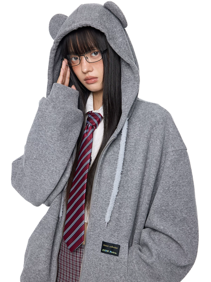 EZEK. Original Design Bear Ear Drawstring Hooded Zip Up Jacket