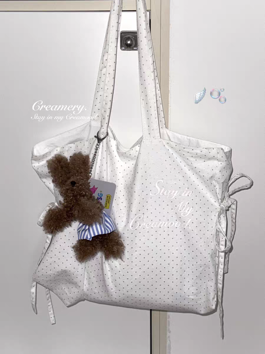 Creamery. Original Design Reversible Polka Dot Bow Tie Canvas Tote Bag