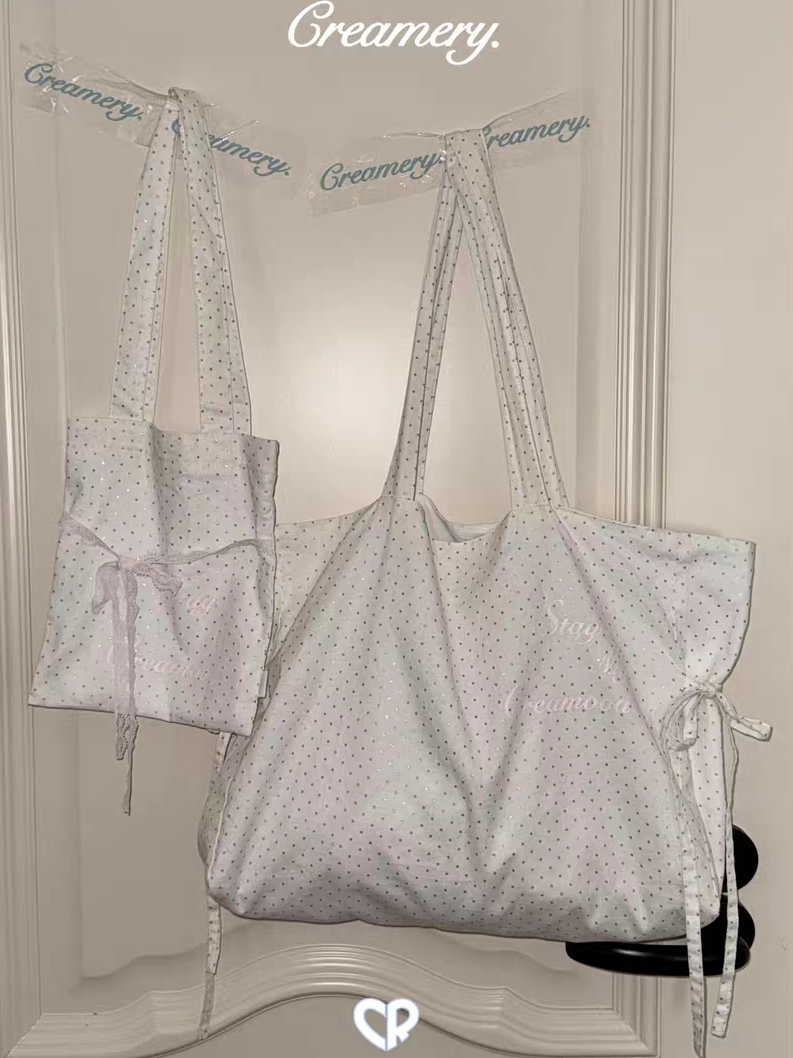 Creamery. Original Design Reversible Polka Dot Bow Tie Canvas Tote Bag