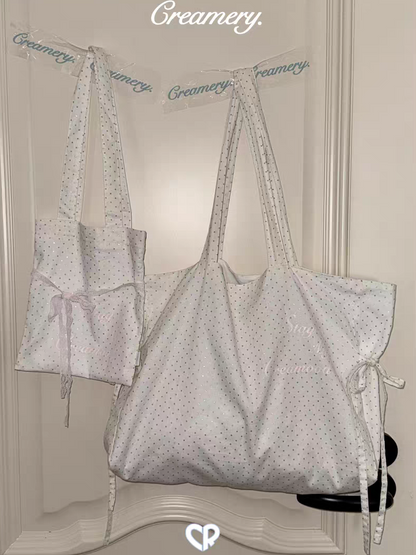 Creamery. Original Design Reversible Polka Dot Bow Tie Canvas Tote Bag