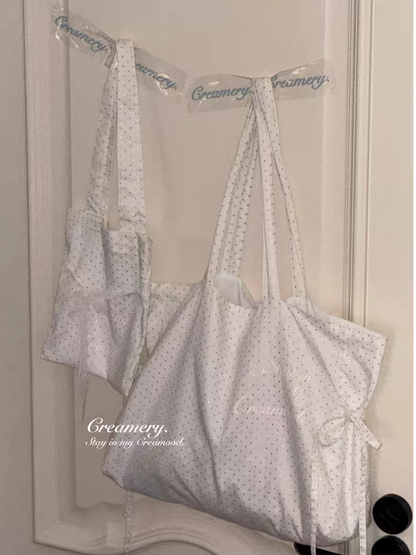 Creamery. Original Design Reversible Polka Dot Bow Tie Canvas Tote Bag