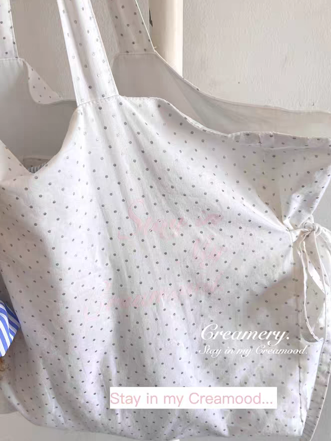 Creamery. Original Design Reversible Polka Dot Bow Tie Canvas Tote Bag