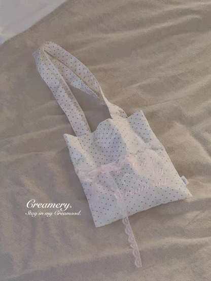 Creamery. Original Design Reversible Polka Dot Bow Tie Canvas Tote Bag