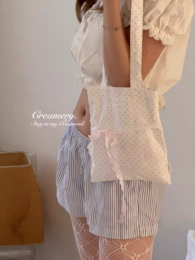 Creamery. Original Design Reversible Polka Dot Bow Tie Canvas Tote Bag
