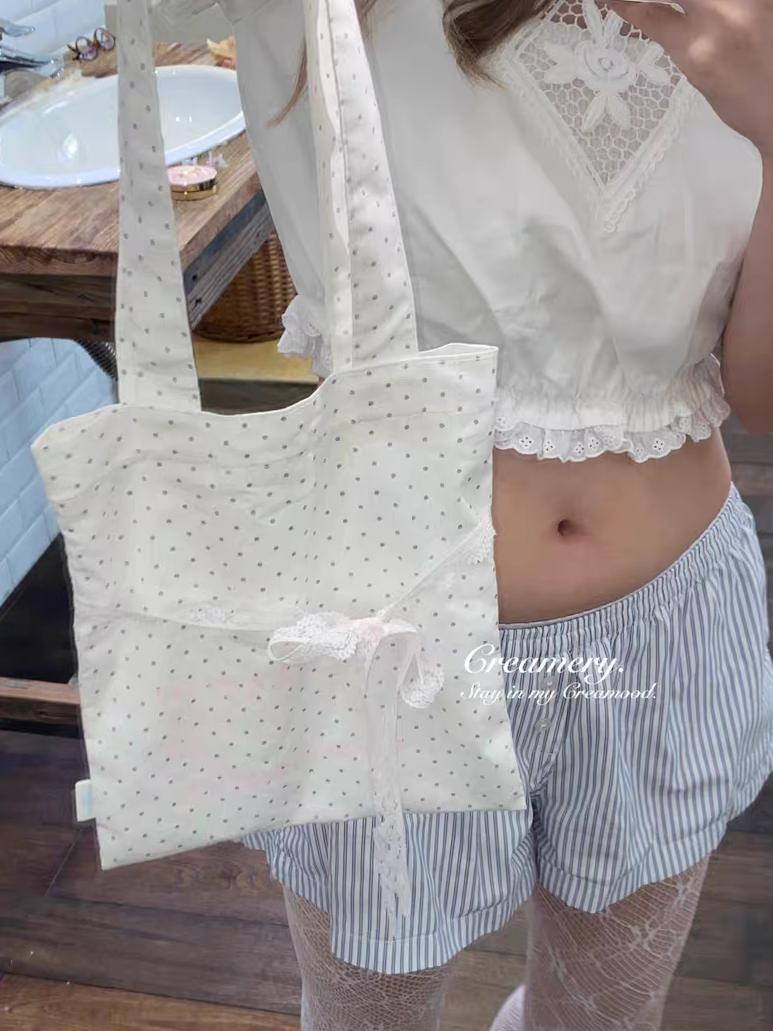 Creamery. Original Design Reversible Polka Dot Bow Tie Canvas Tote Bag