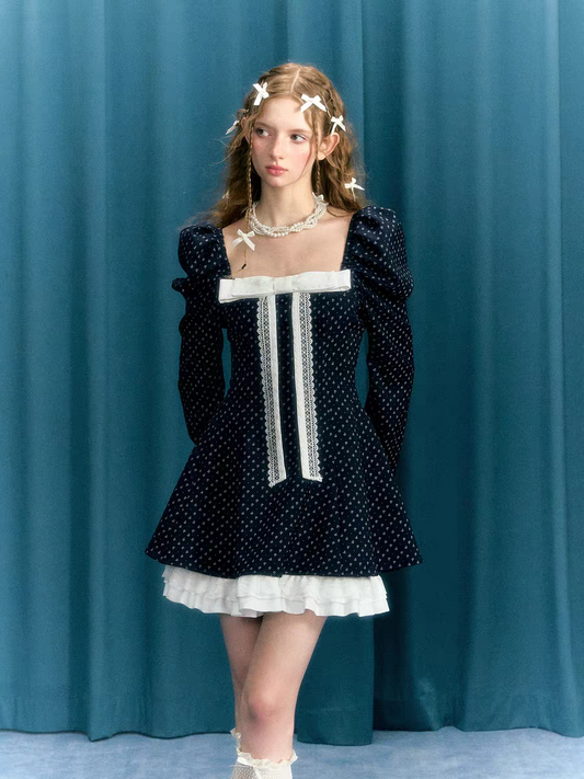 Narrator. Original Design Navy Polka Dot Long Sleeve Square Neck Dress