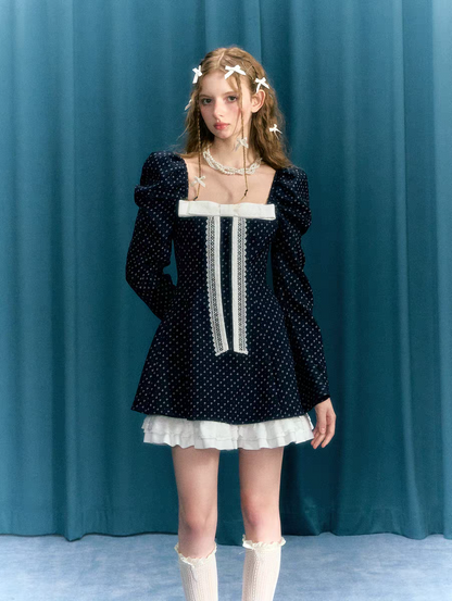 Narrator. Original Design Navy Polka Dot Long Sleeve Square Neck Dress