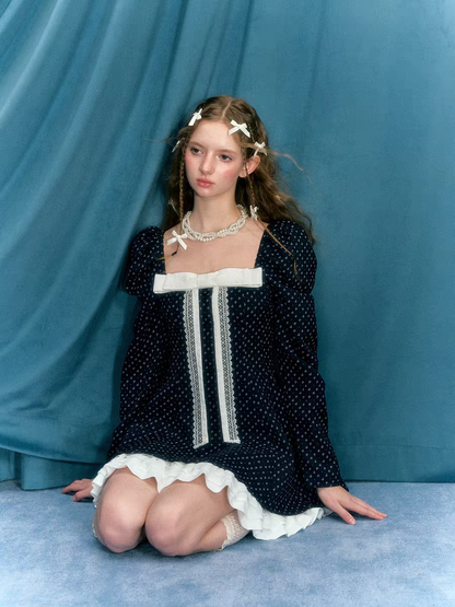 Narrator. Original Design Navy Polka Dot Long Sleeve Square Neck Dress