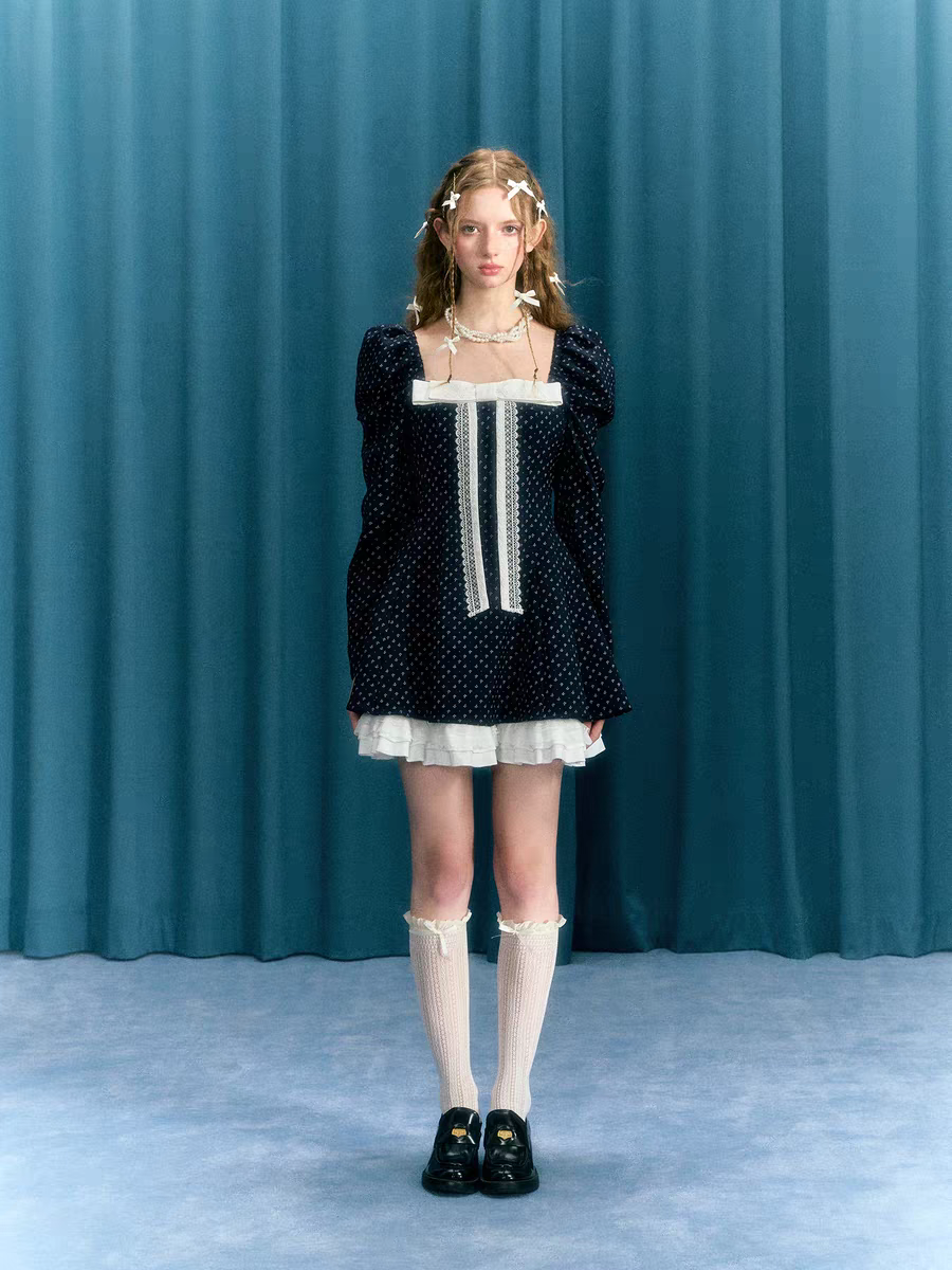 Narrator. Original Design Navy Polka Dot Long Sleeve Square Neck Dress