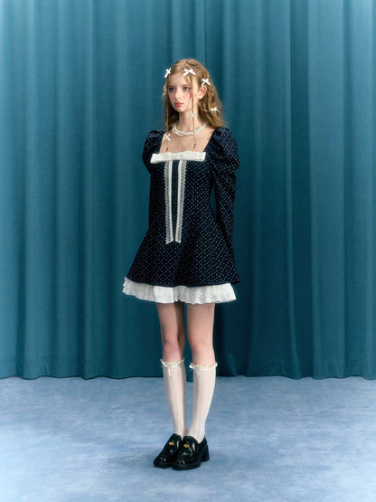 Narrator. Original Design Navy Polka Dot Long Sleeve Square Neck Dress