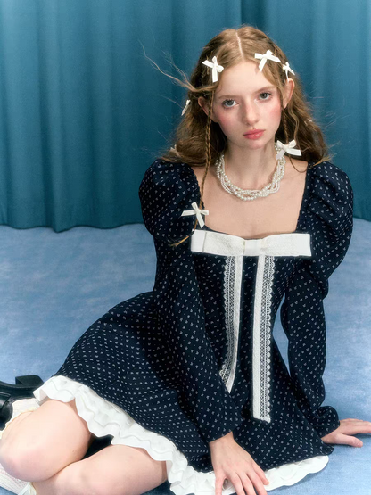 Narrator. Original Design Navy Polka Dot Long Sleeve Square Neck Dress