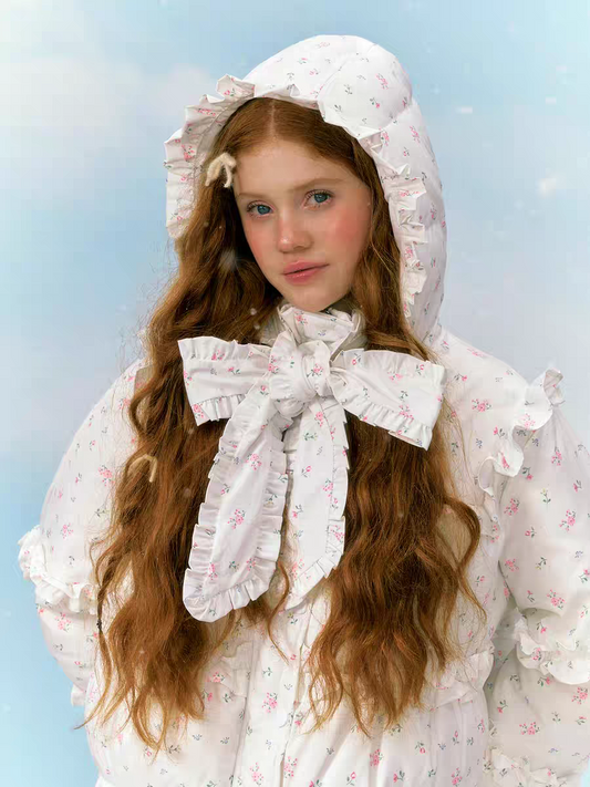 Narrator. Original Design Floral Ruffled Lace Bow Hooded Down Jacket
